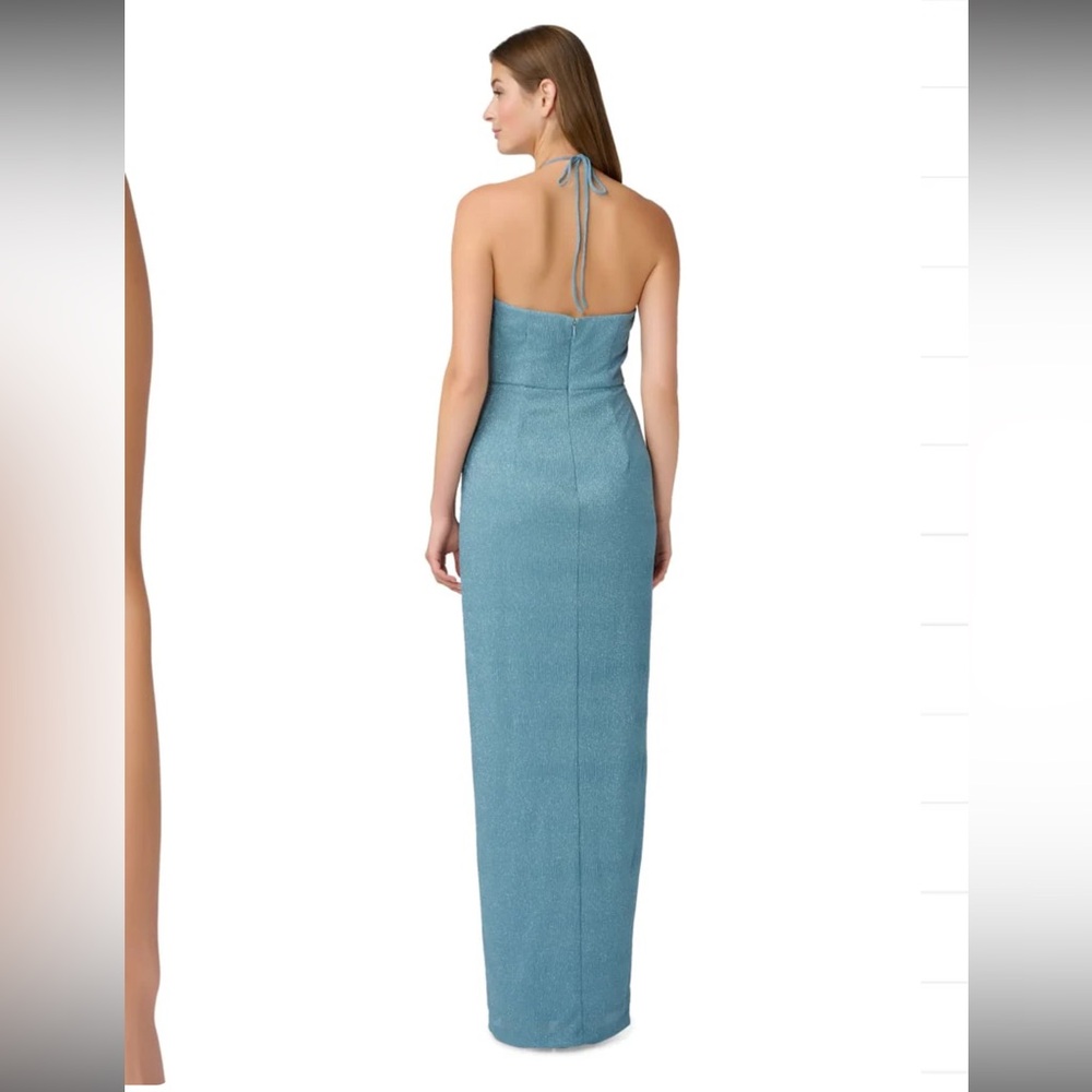 NWT Elegant Sparkle Ruched Halter Gown with Thigh High Slit in Icy Sage